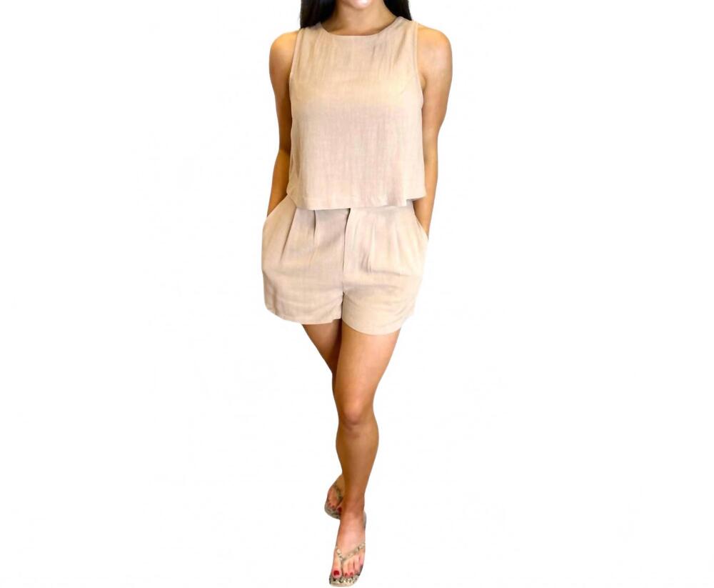 NEW SADIE & SAGE shoreline high neck back button down relaxed tank top in tan - Picture 3 of 4